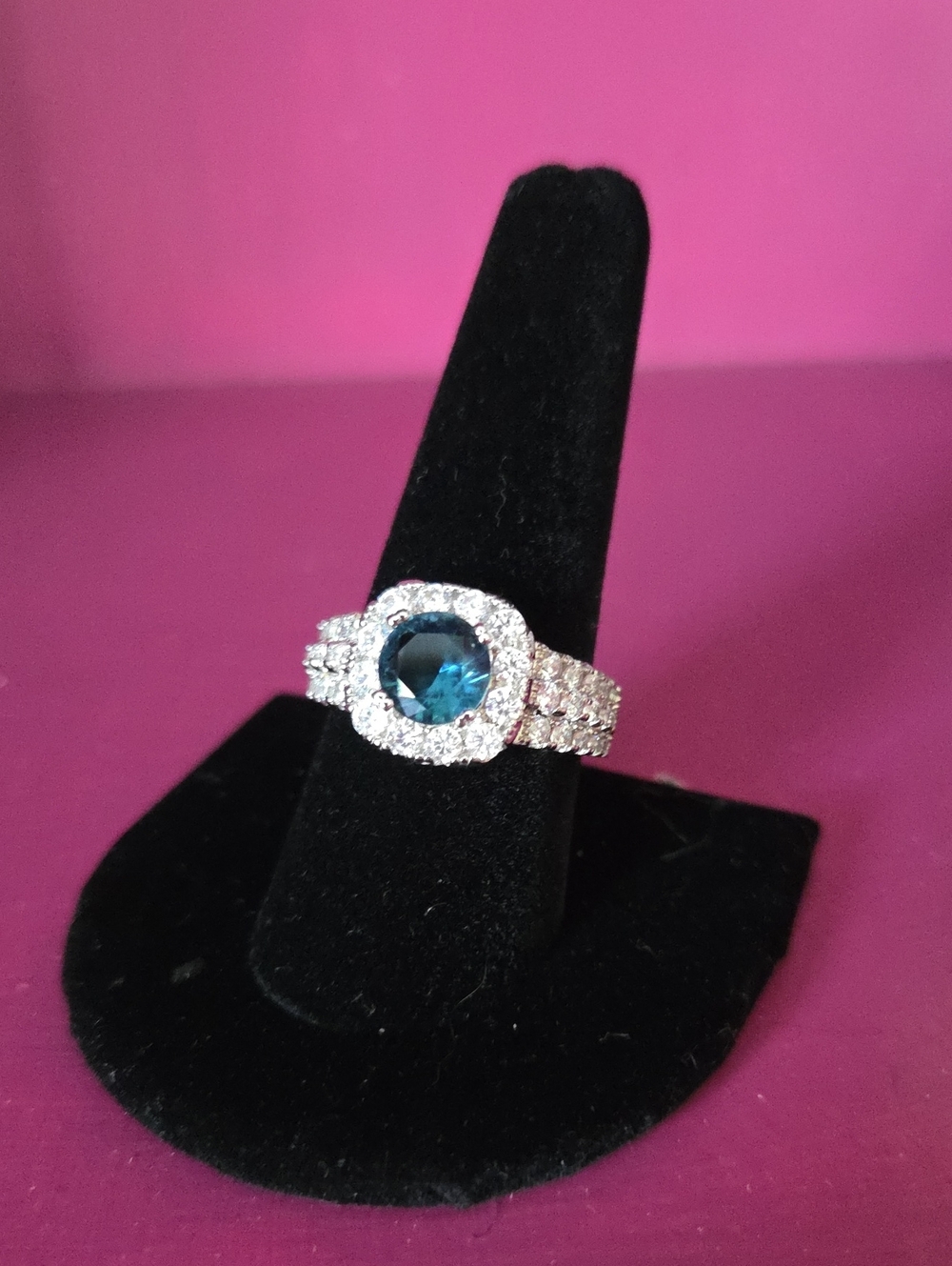 Sterling Silver London Blue Topaz & Cz Halo Ring Size 9